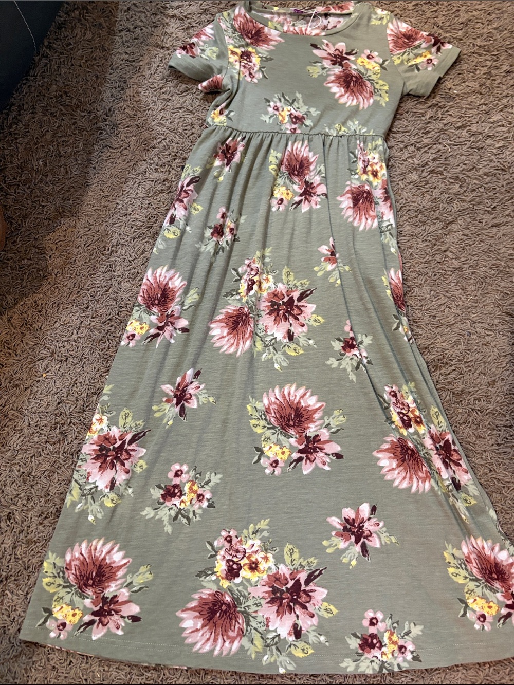Girls Olive Green Floral Maxi Dress with Pink Blooms